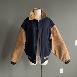 WearGuard Wool Suede Varsity Jacket Tan Navy Vintage Workwear M
